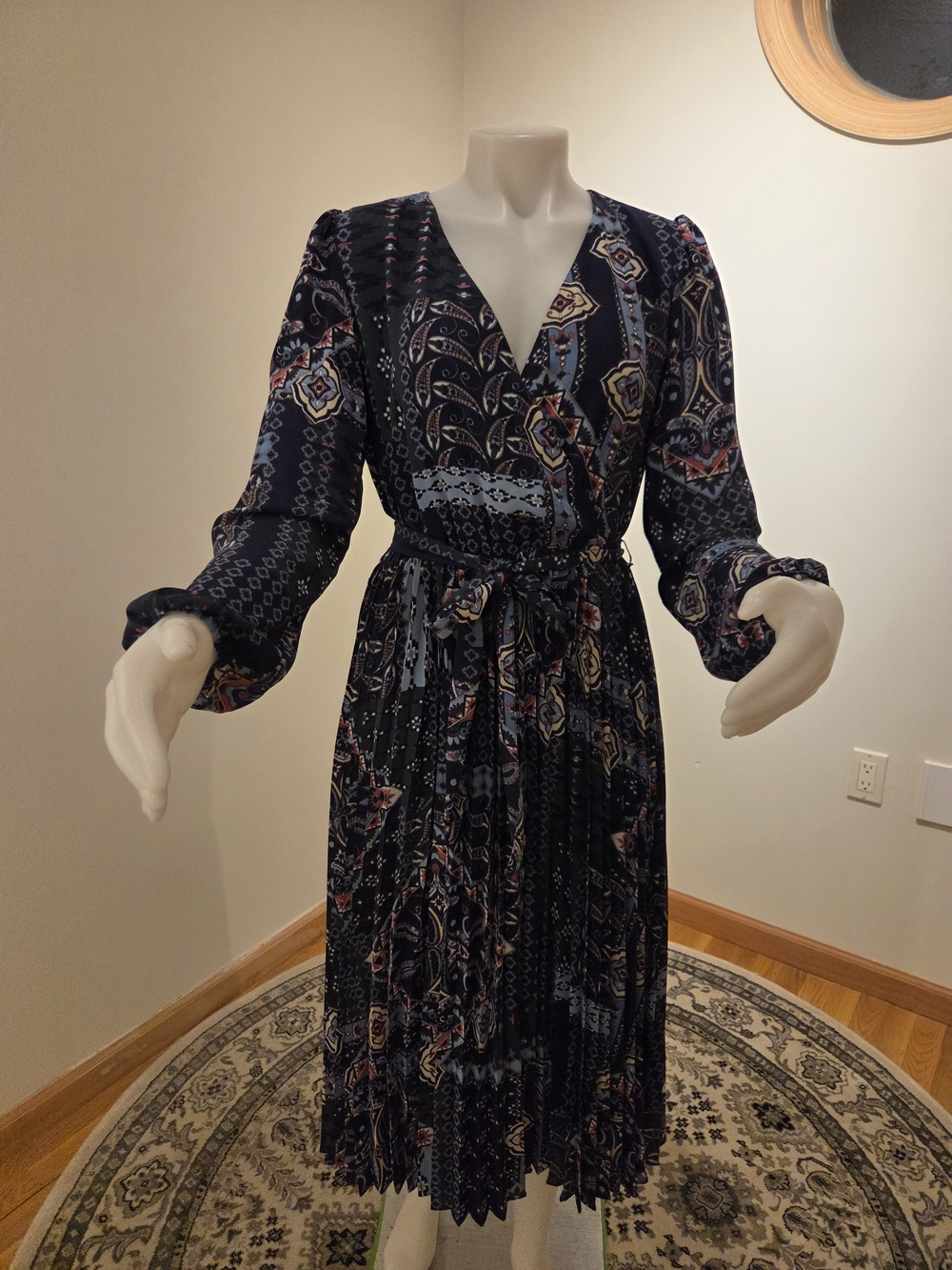 Tahari Navy Paisley Print Long-Sleeve Wrap-Style Dress